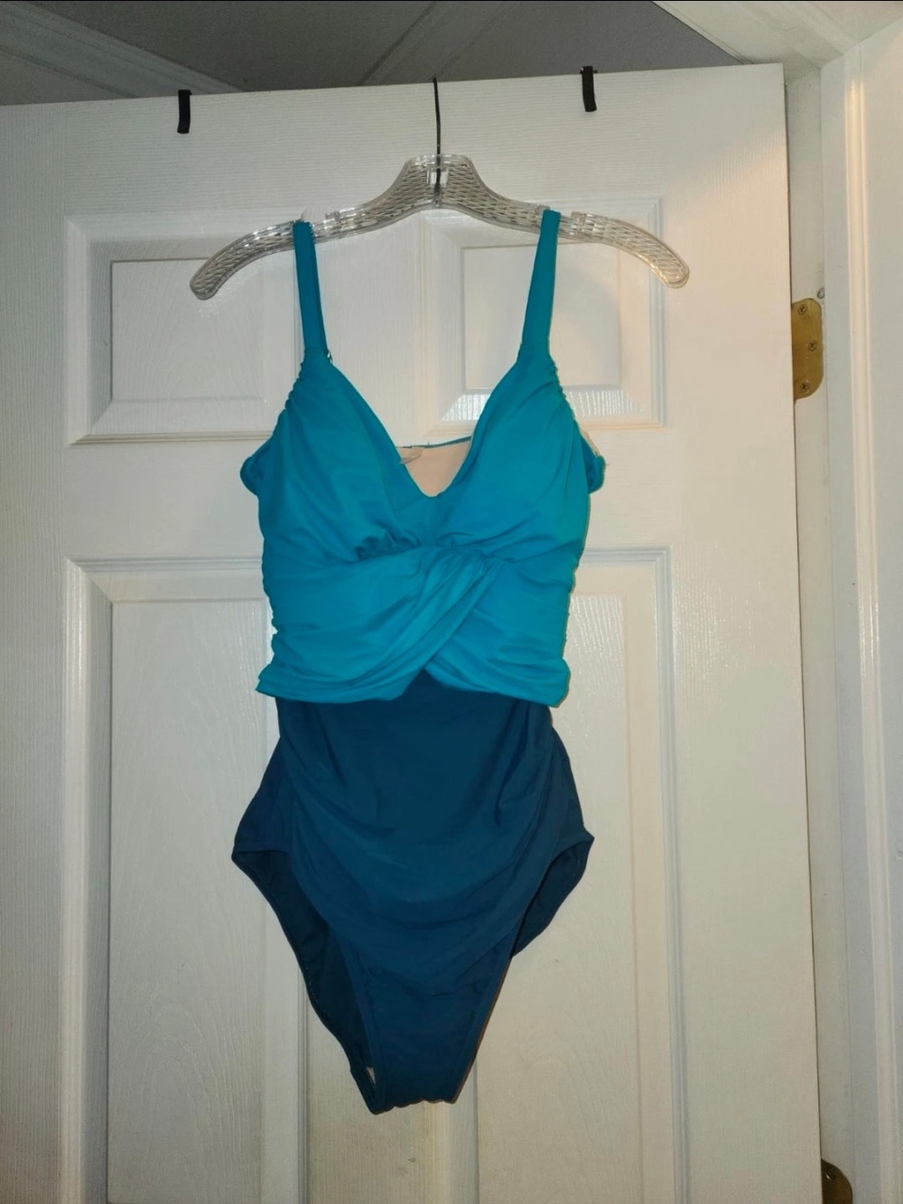 Lands' End SlenderSuit Tummy Control Wrap One Piece Swimsuit Teal Ombre 12 NEW